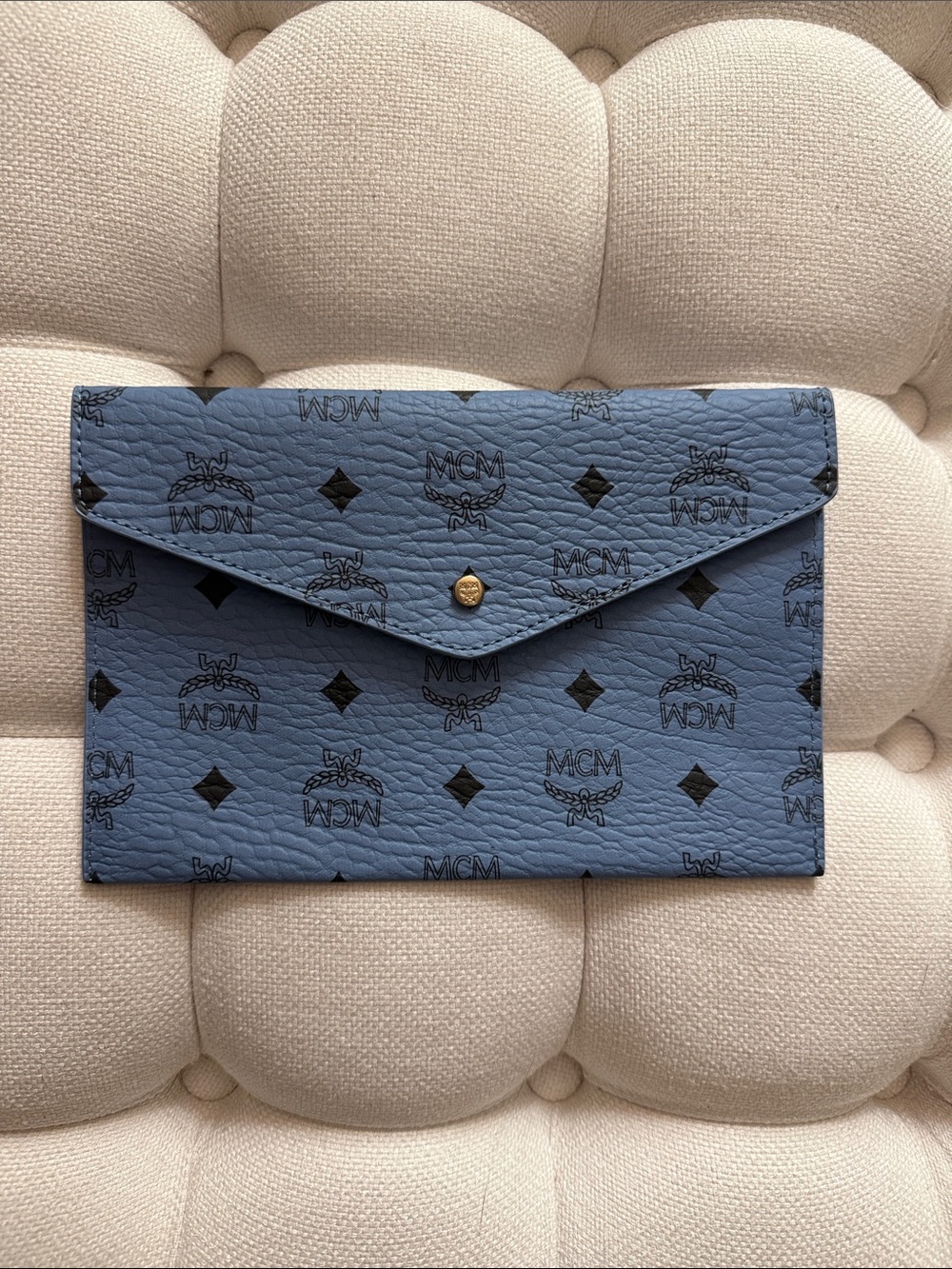 MCM Blue Visetos Envelope Coated Canvas Pouch Clutch Snap Closure with Box